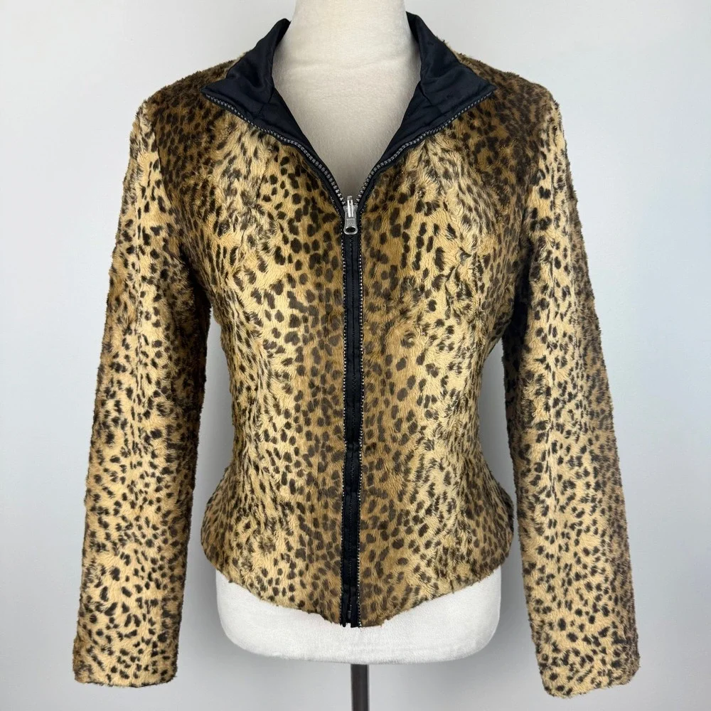 Y2K Leopard Print Faux Fur Rhinestone Zip Up Jacket Mock Neck Brown Black Small
